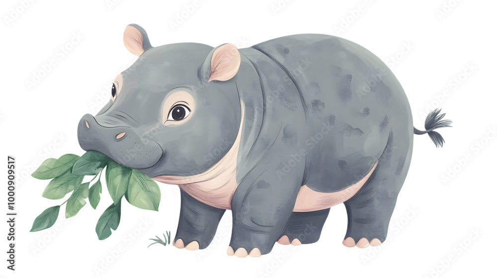 Fototapeta premium A cute, cartoon-style hippo with a plant in its mouth, set against a black background.
