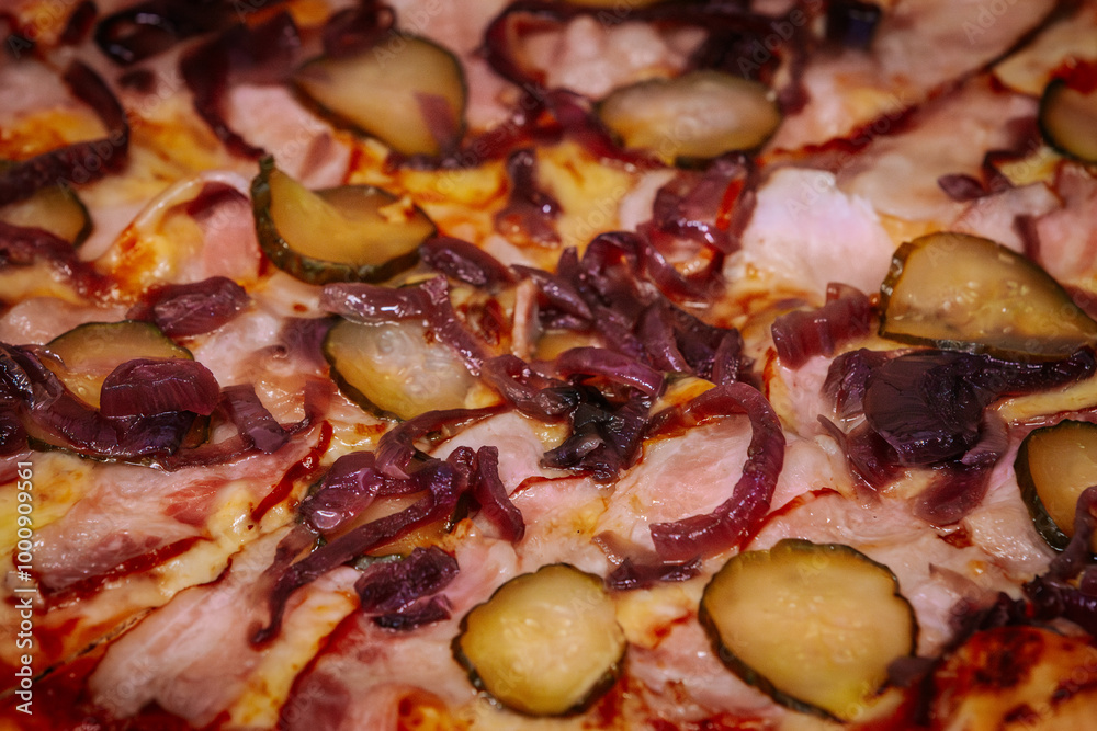 A delicious pizza topped with thin slices of prosciutto, melted cheese, and caramelized onions on a crispy golden crust. The rich colors and textures highlight the mouth-watering ingredients. A delicious pizza topped with thin slices of prosciutto, melted cheese, and caramelized onions on a crispy golden crust. The rich colors and textures highlight the mouth-watering ingredients.