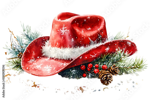 A festive red cowboy hat adorned with snowflakes and holiday greenery, set against a black background.