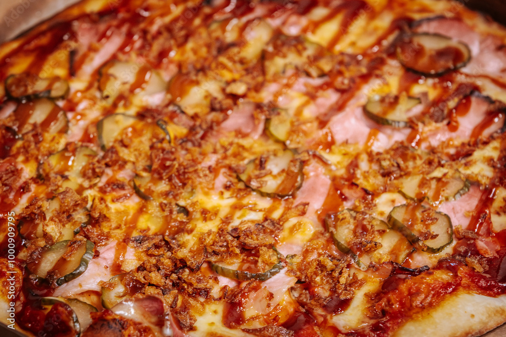 A delicious pizza topped with thin slices of prosciutto, melted cheese, and caramelized onions on a crispy golden crust. The rich colors and textures highlight the mouth-watering ingredients. A delicious pizza topped with thin slices of prosciutto, melted cheese, and caramelized onions on a crispy golden crust. The rich colors and textures highlight the mouth-watering ingredients.
