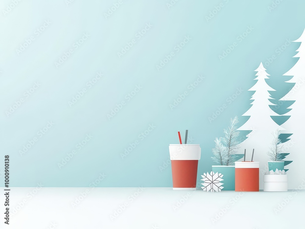 Obraz premium Hot cocoa by the fireplace, snowcovered trees outside, flat design illustration