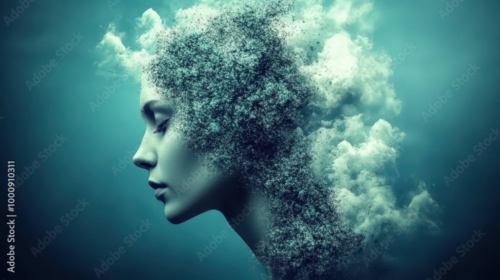 Artistic profile of a woman whose hair transforms into clouds, creating a dreamy and ethereal atmosphere under soft lighting.
Artistic profile of a woman whose hair transforms into clouds, creating a dreamy and ethereal atmosphere under soft lighting.