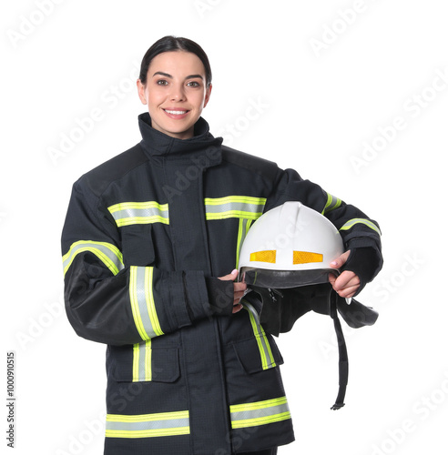 Portrait of firefighter in uniform with helmet on white background