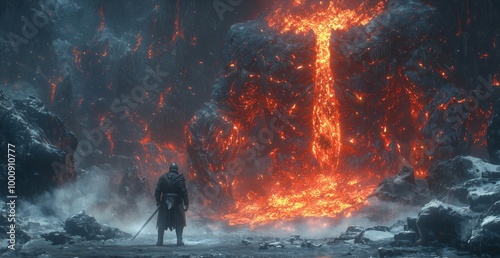 Warrior with Ice Sword Facing Lava Giant