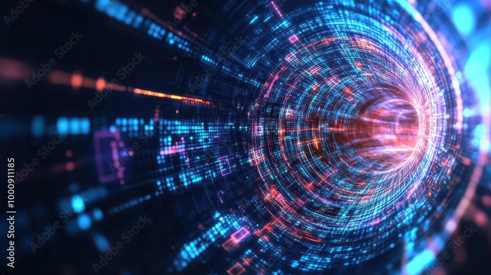 Obraz premium Digital vortex, swirling data streams, bright holographic colors, abstract tech scene