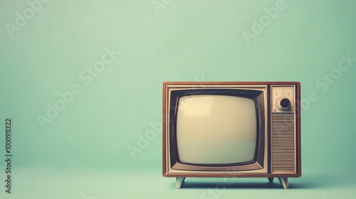 A vintage television set with a blank screen against a green background.