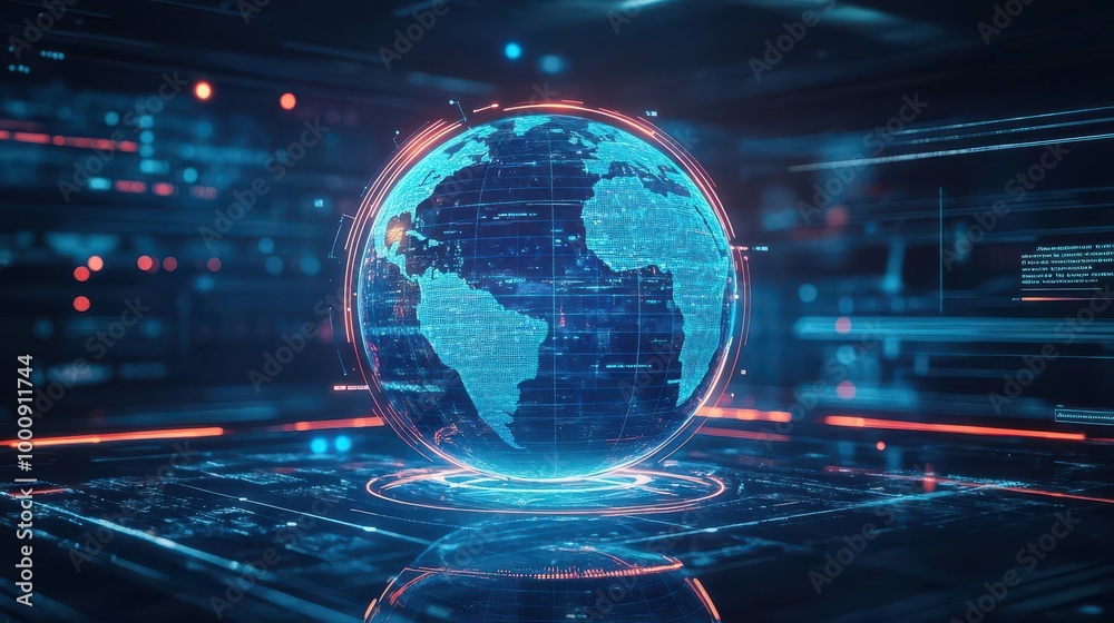 Fototapeta premium Business professional analyzing global marketing trends on holographic globe, futuristic tech, glowing neon lines, hightech, digital painting