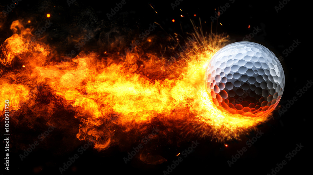 A dynamic image of a golf ball surrounded by flames, conveying speed and energy, as it appears to be in motion. A dynamic image of a golf ball surrounded by flames, conveying speed and energy, as it appears to be in motion.