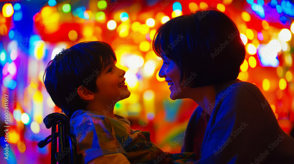 A joyful moment shared between a mother and her son, illuminated by colorful lights, showcasing connection and love. A joyful moment shared between a mother and her son, illuminated by colorful lights, showcasing connection and love.