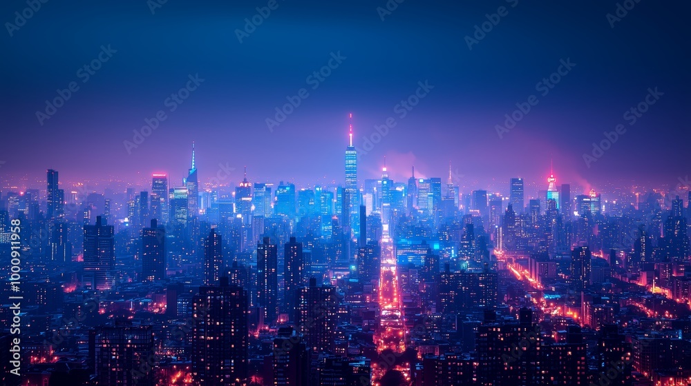 Fototapeta premium Vibrant City Skyline at Night with Illuminated Lights