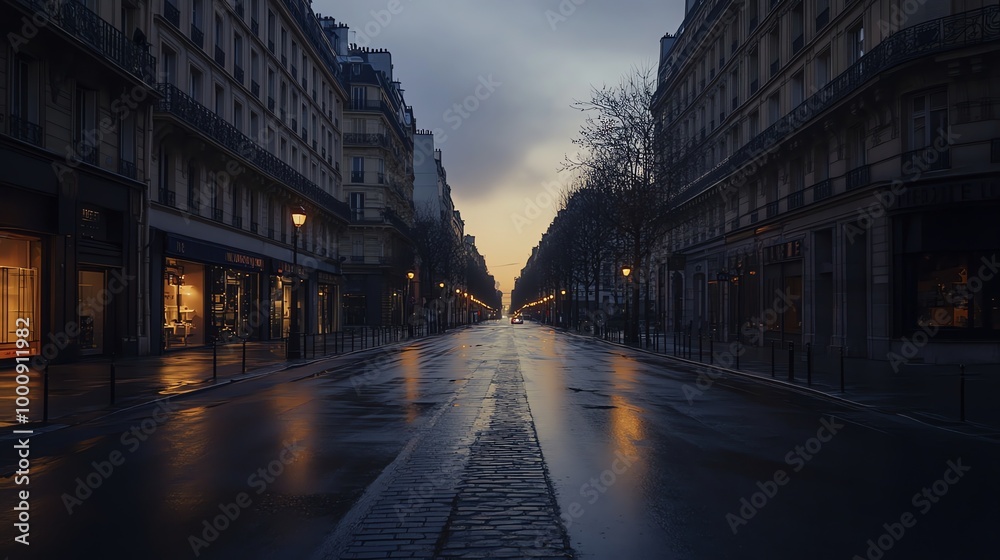 Fototapeta premium A deserted street in Paris at dawn.