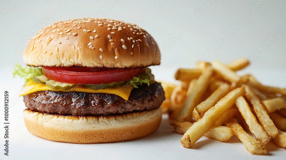 Classic Burger and Fries on White Background Classic Burger and Fries on White Background
