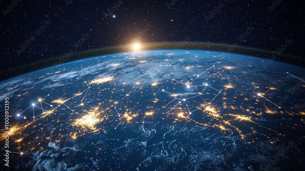 Fototapeta premium Earth at night from space, highlighted by city lights and digital connections across continents against a starry background.