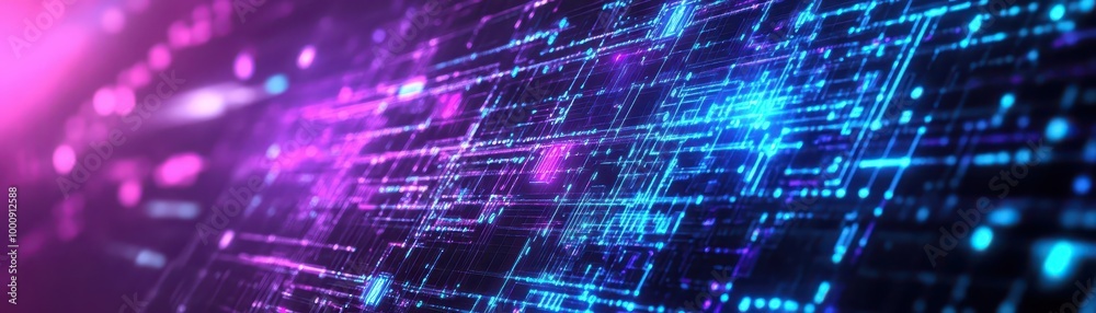 Abstract digital matrix, geometric shapes, glowing holograms, purple and blue tones Abstract digital matrix, geometric shapes, glowing holograms, purple and blue tones