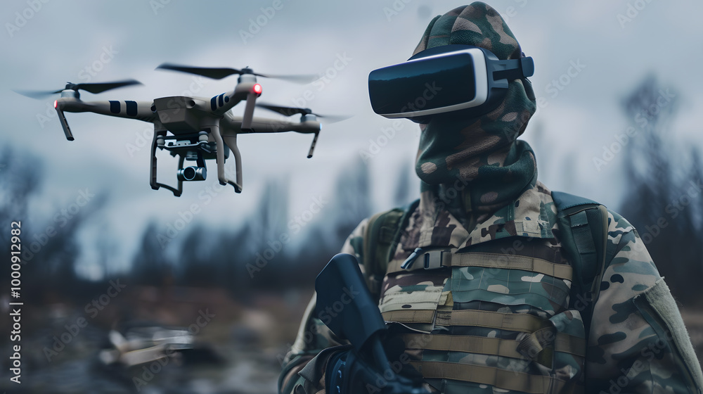 A military man in virtual glasses controls an fpv drone. Neural network AI generated art A military man in virtual glasses controls an fpv drone. Neural network AI generated art