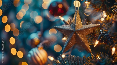 A beautiful star decore merry holiday tree with glistening lamps giving a bokeh in the background photo