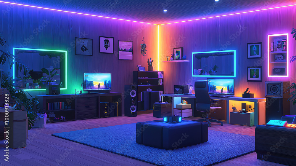 Player upgrading house with neonlit shop items and modern furniture Player upgrading house with neonlit shop items and modern furniture