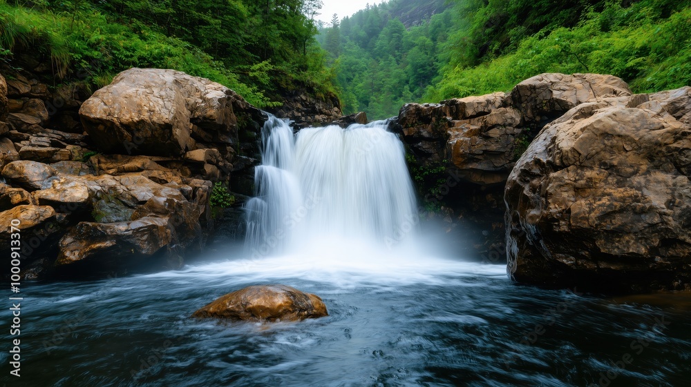 A serene waterfall cascading over rocks into a clear pool, surrounded by lush greenery and scenic mountains, inviting tranquility and natural beauty. A serene waterfall cascading over rocks into a clear pool, surrounded by lush greenery and scenic mountains, inviting tranquility and natural beauty.