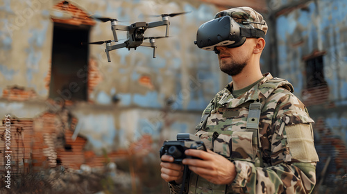 A military man in virtual glasses controls an fpv drone. Neural network AI generated art