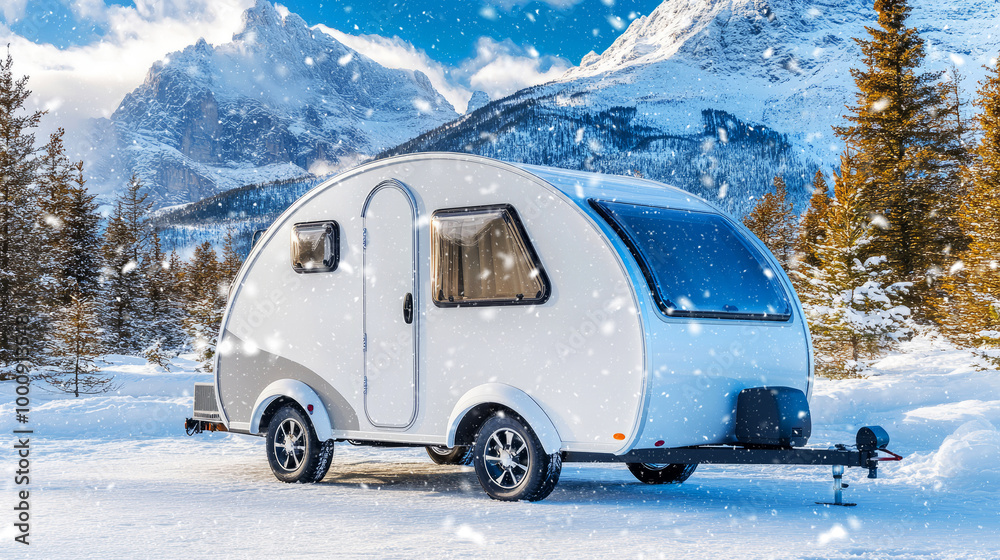 A compact, white camper trailer parked in a snowy landscape, surrounded by majestic mountains and evergreen trees under a clear blue sky. A compact, white camper trailer parked in a snowy landscape, surrounded by majestic mountains and evergreen trees under a clear blue sky.
