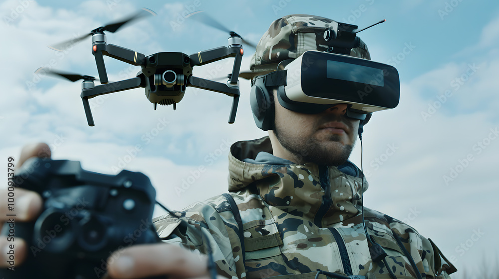 A military man in virtual glasses controls an fpv drone. Neural network AI generated art A military man in virtual glasses controls an fpv drone. Neural network AI generated art