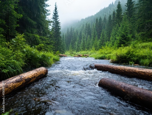 A forest stream turning into a raging river as heavy rains cause a flash flood, flooded forest stream, sudden water surge