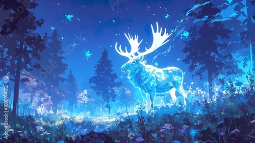 The image depicts a mystical scene set in a dense, enchanted forest illuminated by the light of a glowing white stag standing amidst lush greenery and vibrant flowers. The stag, radiating with etherea photo