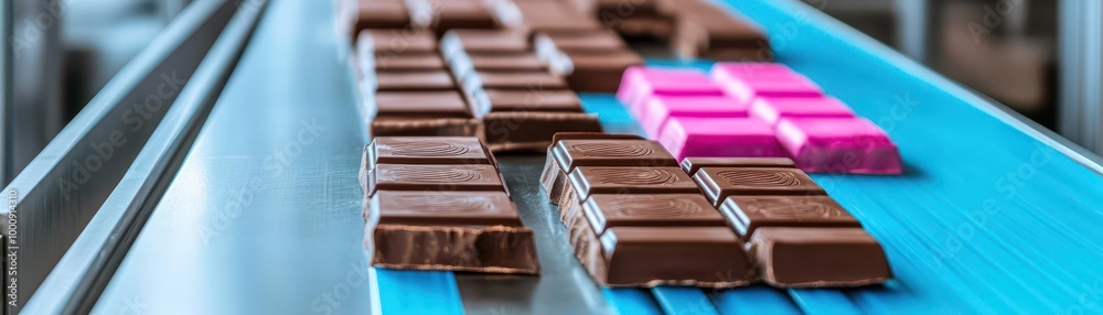 A chocolate production line with chocolate bars being molded and wrapped, chocolate manufacturing, food production process A chocolate production line with chocolate bars being molded and wrapped, chocolate manufacturing, food production process