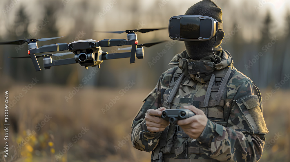A military man in virtual glasses controls an fpv drone. Neural network AI generated art