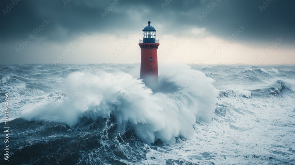 Powerful Waves Crash Against Lighthouse in Stormy Ocean