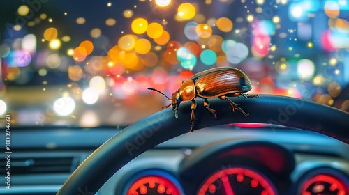 A beetle scuttling across the dashboard of an electric vehicle in a modern city photo