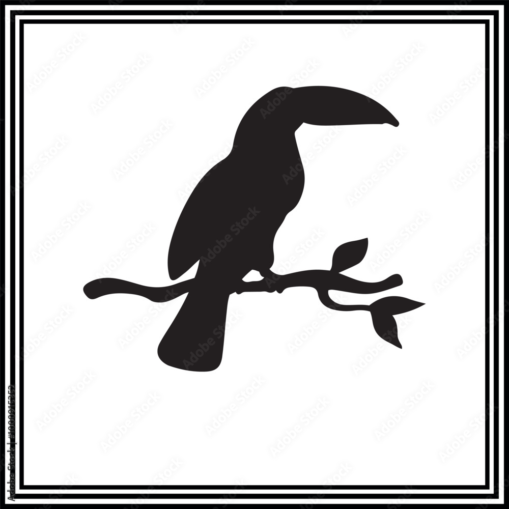 Black silhouette of a cute toucan sitting on branch.