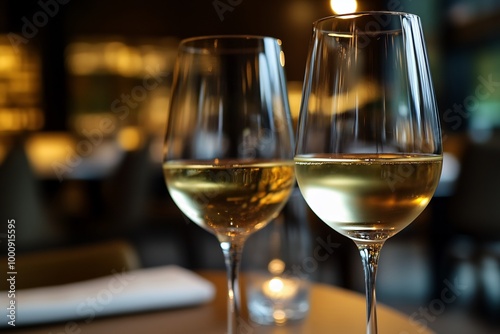 Two glasses of white wine on a table in a restaurant.