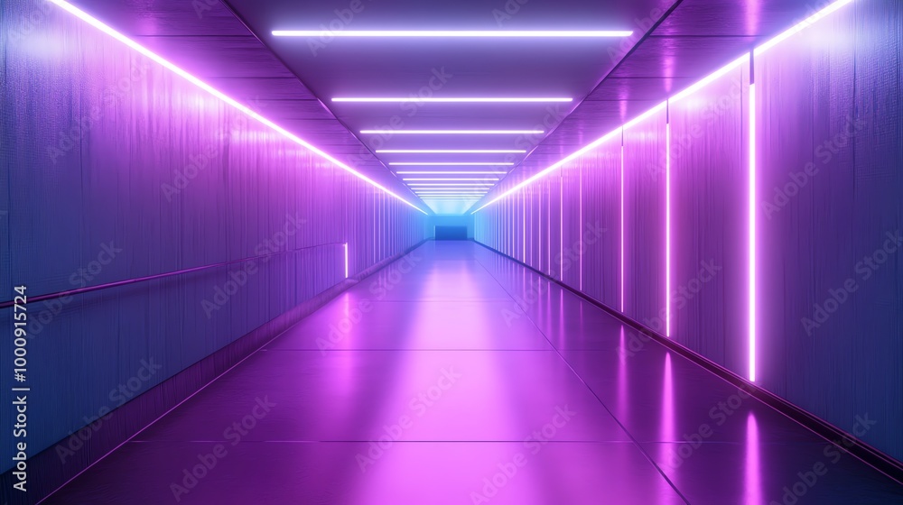 Fototapeta premium A futuristic, brightly lit corridor with pink and blue neon lights.