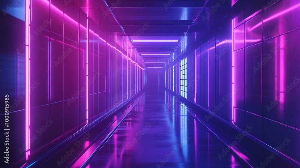 A futuristic, brightly lit corridor with pink and blue neon lights. A futuristic, brightly lit corridor with pink and blue neon lights.