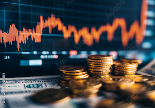 Gleaming stacks of golden coins stand tall against a blurred background of dynamic financial charts, symbolizing wealth, investment, and economic growth.
