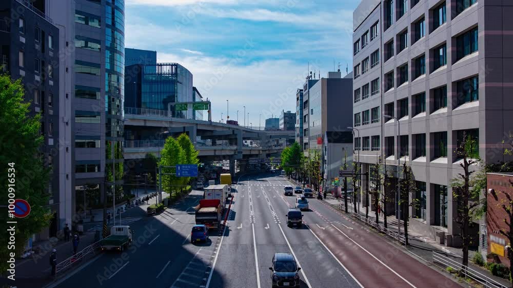 A timelapse of traffic jam at the city street in Yokohama in autumn wide shot zoom