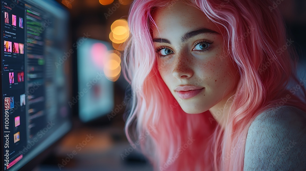 Young woman with pink hair working remotely on video team meeting call talking to colleagues, remote work and flexible culture concept, mixed race female digital nomad freelancing on home computer Young woman with pink hair working remotely on video team meeting call talking to colleagues, remote work and flexible culture concept, mixed race female digital nomad freelancing on home computer