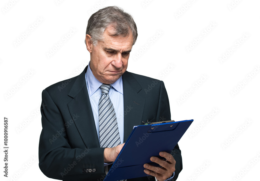 Mature professional man in a suit frowning while reading a clipb Mature professional man in a suit frowning while reading a clipb
