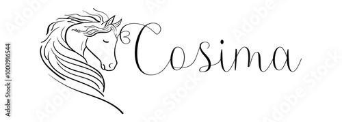 Cosima - black color - name written - vector graphics with stylized horse with heart - for websites, greetings, banners, cards, tag, t-shirt, sweatshirt, prints, cricut, silhouette, scrapbooking 