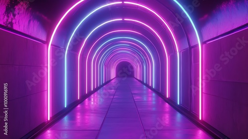 Neon lights illuminate a futuristic tunnel.