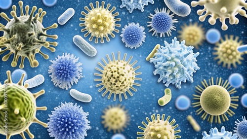 Collection of microbes pathogen cell with different types of bacteria and virus isolated on background, various types infection disease cells.