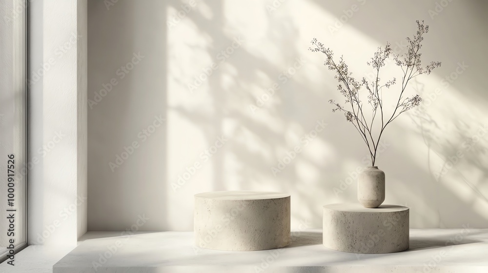 A minimalist display with a white platform and a vase with branches in front of a white wall. A minimalist display with a white platform and a vase with branches in front of a white wall.