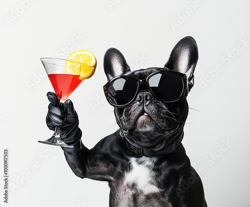 Cute dogs wearing sunglasses and holding cocktail glasses, posing humorously and stylishly for a fun, creative pet-themed concept, perfect for lifestyle and pet content.

