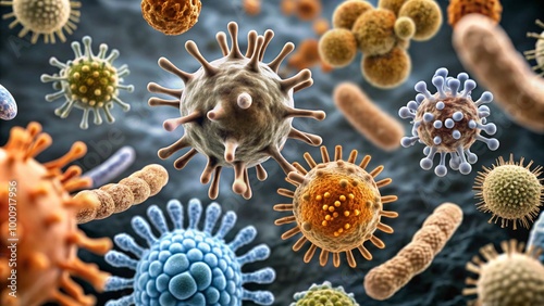 Collection of microbes pathogen cell with different types of bacteria and virus isolated on background, various types infection disease cells.