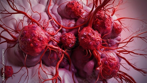 3D Render of Aggressive Metastatic Breast Cancer, Depicting Vivid Tumors Intertwined with Veins, Capturing the Complex and Devastating Nature of Disease Progression in Striking Detail