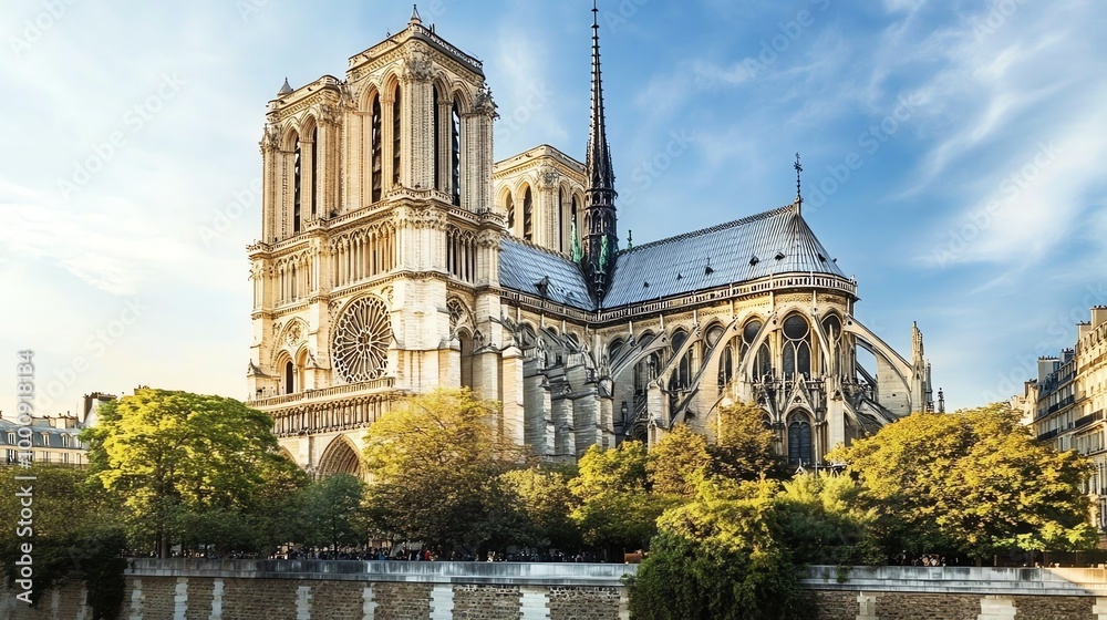 Obraz premium An exterior view of the Notre Dame Cathedral in Paris, France.