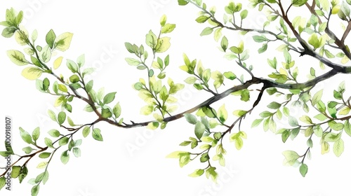 Wallpaper Mural Delicate watercolor branch with green leaves on a white background Torontodigital.ca