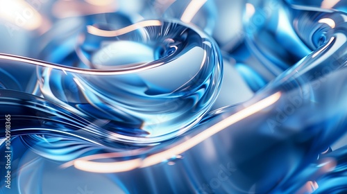 3D render, abstract glass background with blue and silver reflections, close-up of intertwined metallic shapes with blurred edges