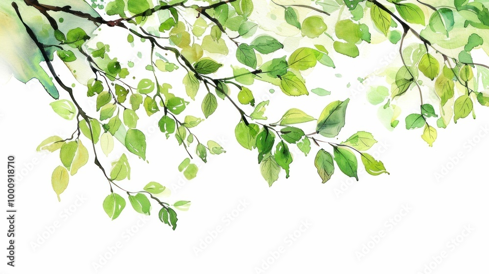 Watercolor illustration of green leaves on branches, creating a serene and natural atmosphere against a white background Watercolor illustration of green leaves on branches, creating a serene and natural atmosphere against a white background